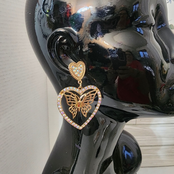 Gold Heart Earrings with AB Crystals and Butterfly - Picture 5 of 5